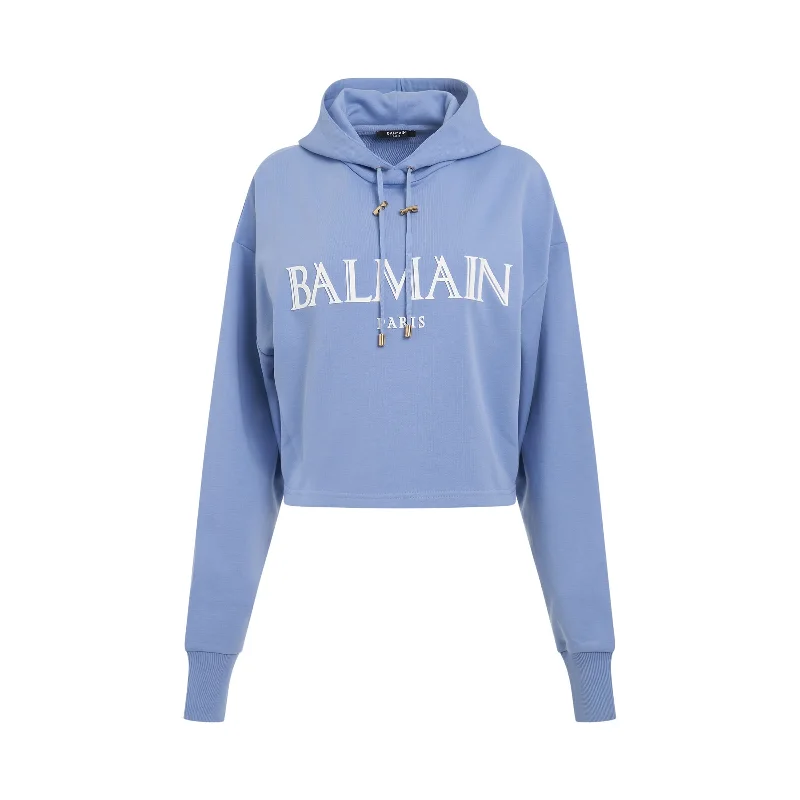 Relaxed hoodie for weekend relaxation -Roman Rubber Cropped Hoodie in Light Blue/White