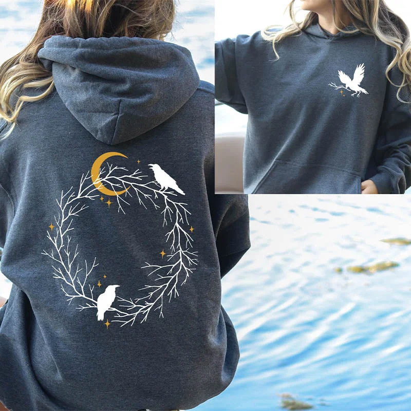 Trendy hoodie for easy weekend wear -Retro Celestial Bird And Moon Hoodie