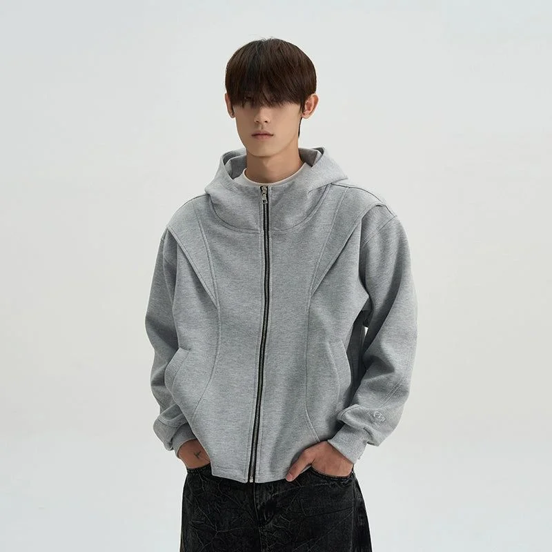 Classic hoodie with a front pocket for convenience -Structured & Spliced Zip-Up Hoodie