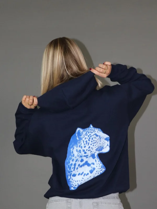 Cozy hoodie for evenings by the fire -BLUE LEOPARD HOODIE (rygprint) - NAVY