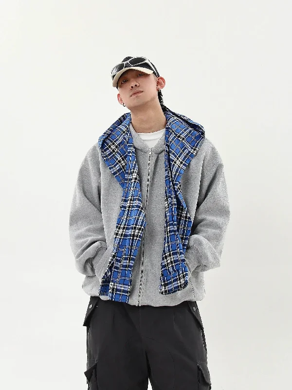 Cozy hoodie for mountain escapes -Plaid Layered Zip-Up Hoodie