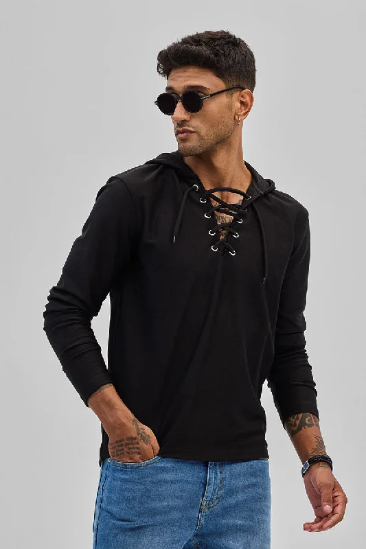 Stylish hoodie with a zipper for easy wear -Black Lace-Up Textured Hoodie