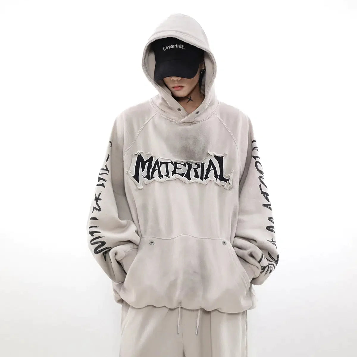 Trendy zip-up hoodie for activewear -Smudged Material Text Print Hoodie