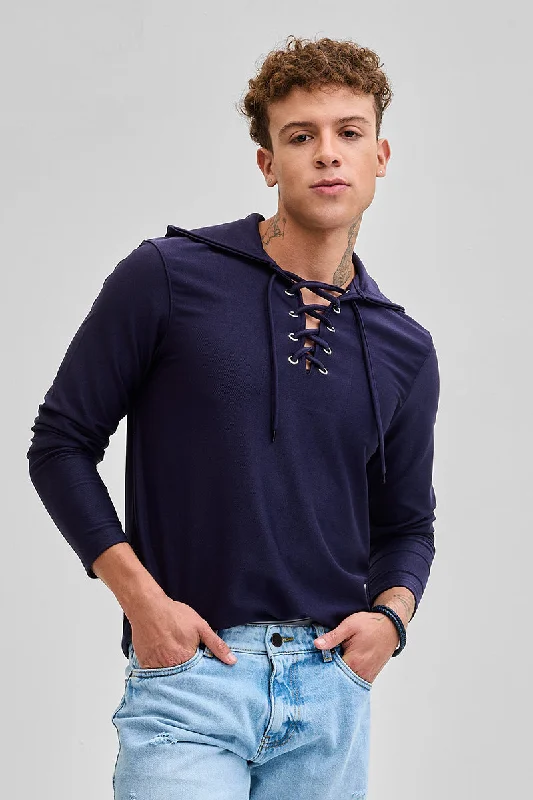 Comfortable hoodie for chilly nights out -Navy Lace-Up Textured Hoodie