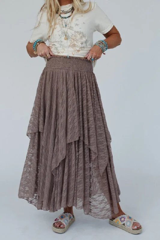 Skirts with fine detailing for a sophisticated look -Graceful Lily Lace Maxi Skirt - Mushroom