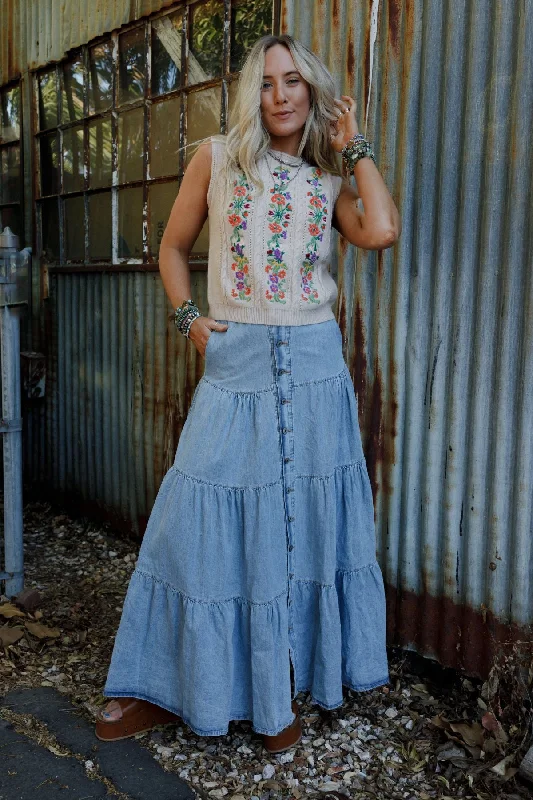 Skirts for wedding guest attire -Country Mart Tiered Maxi Skirt - Denim