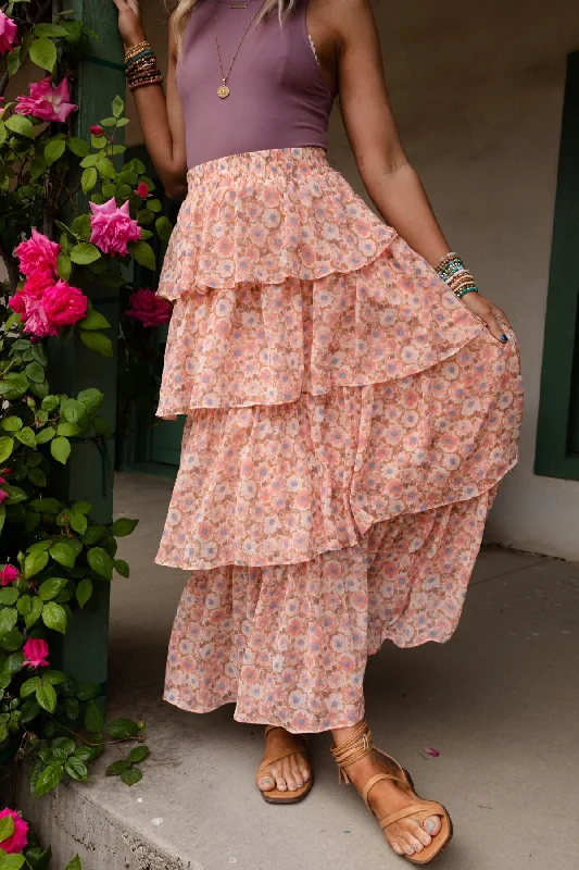 Skirts with intricate designs for a unique touch -The Nest Tiers Of Joy Ruffle Maxi Skirt - Pink