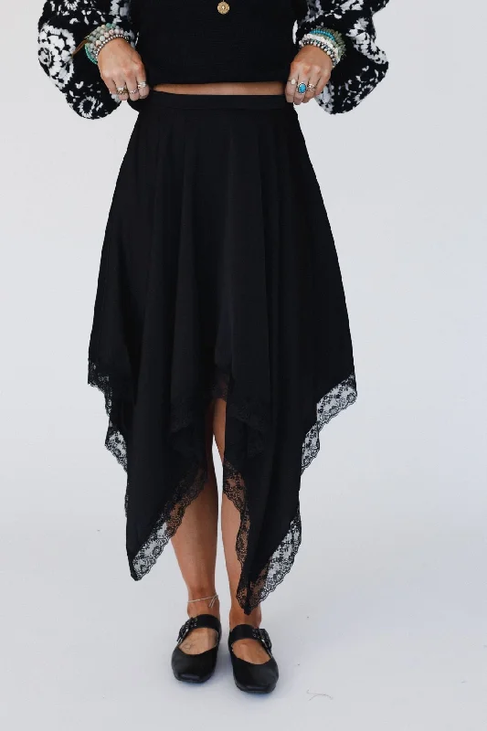 Printed skirts for colorful outfits -Moonlit Lace Midi Skirt - Black