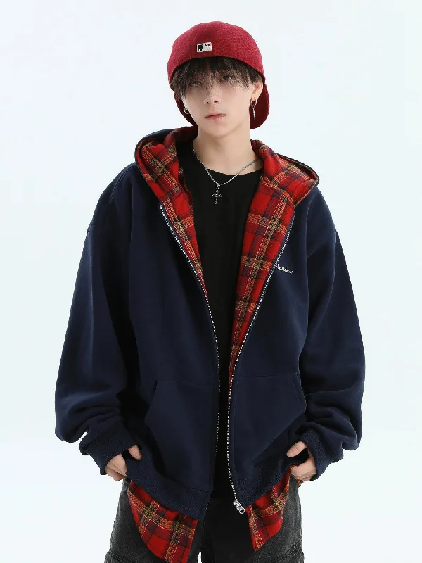 Soft cotton hoodie for breathable wear -Plaid Layer Zipped Hoodie