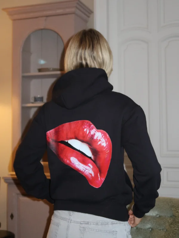 Soft cotton hoodie for breathable wear -RED LIPS HOODIE - SORT