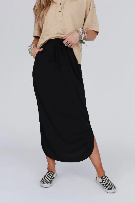 Skirts for feminine wardrobe staples -The Nest So Comfy Drawstring Maxi Skirt - Black