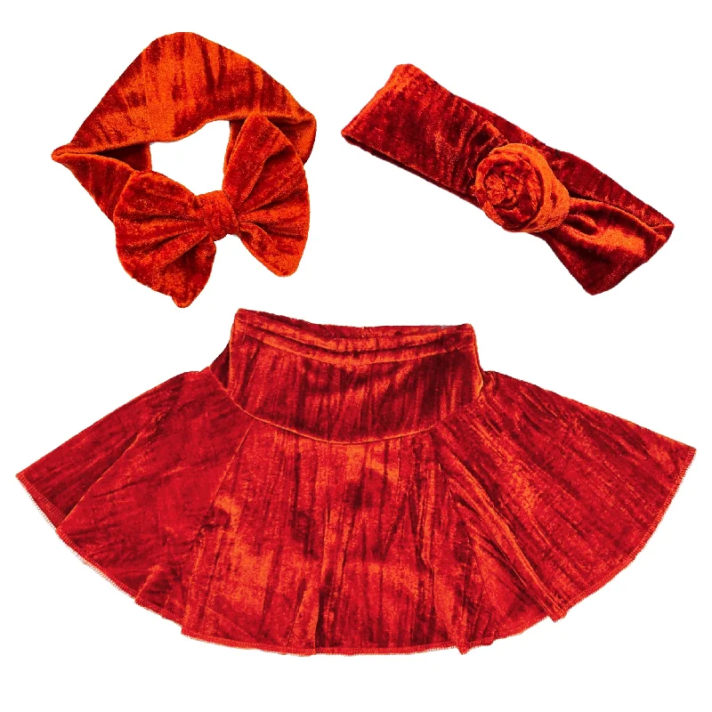 Flowing skirts for relaxed style -Rust Crushed Velvet Skater Skirt