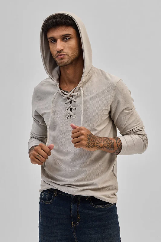 Trendy hoodie with modern prints for youthful fashion -Beige Lace-Up Textured Hoodie