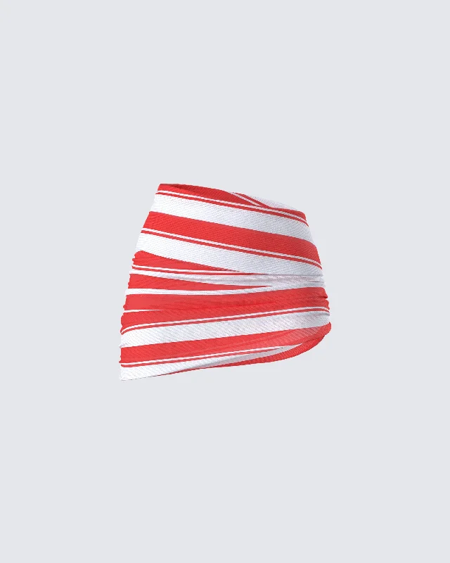 Skirts for layering with tights in fall -Risa Red Stripe Asymmetric Ruched Mini Skirt