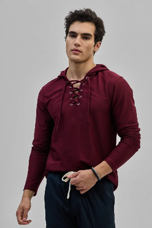 Classic hoodie for layering in cooler months -Maroon Lace-Up Textured Hoodie