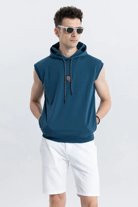 Bright-colored hoodie for bold style -Logotype Blue Sleeveless Hoodie