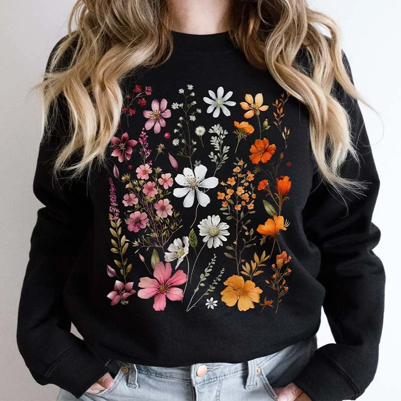 Simple sweatshirt for a relaxed fit -Pressed Flower Woman Wildflowers Sweatshirt