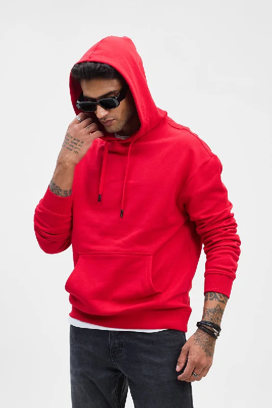 Cozy hoodie for casual gatherings -Red Solid Relaxed Fit Hoodies