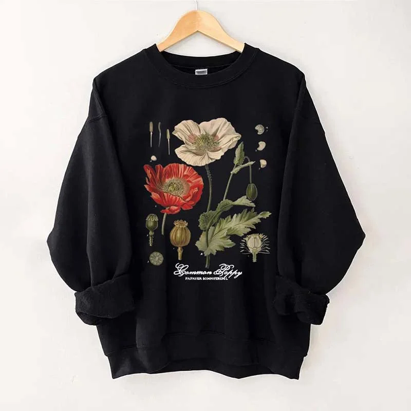 Simple pullover sweatshirt for easy wear -Vintage Poppy Flowers Sweatshirt