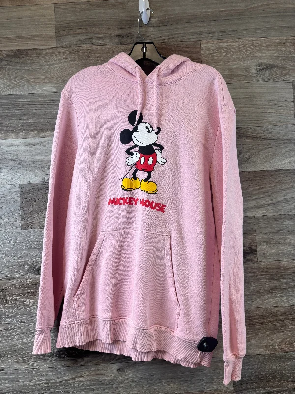 Comfortable sweatshirt with simple details -Sweatshirt Hoodie By H&m In Black & Pink, Size: M