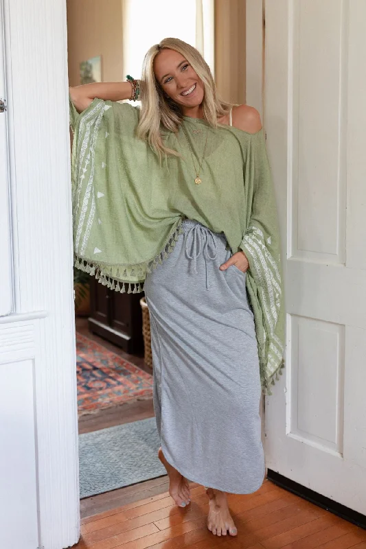 Skirts with a scalloped hem for extra flair -The Nest So Comfy Drawstring Maxi Skirt - Heather Gray