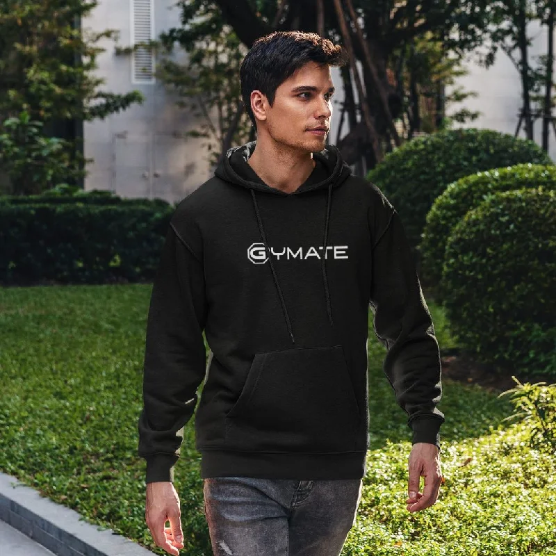 Trendy hoodie with a modern design for casual fashion -Mens Black Hoodie Designer Gymate logo [ctr/lge]