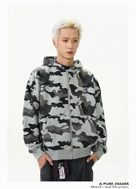 Relaxed hoodie for an easygoing vibe -Cozy Camouflage Zip-Up Hoodie