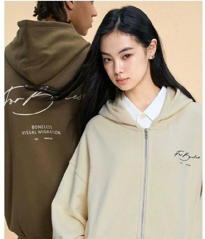 Stylish hoodie with zippers for easy wear -Cursive Logo Loose Fit Zip-Up Hoodie