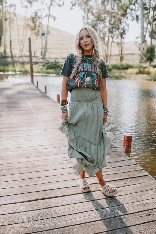 Skirts for street style fashion -Washed Ashore Ruffled Maxi Skirt - Olive