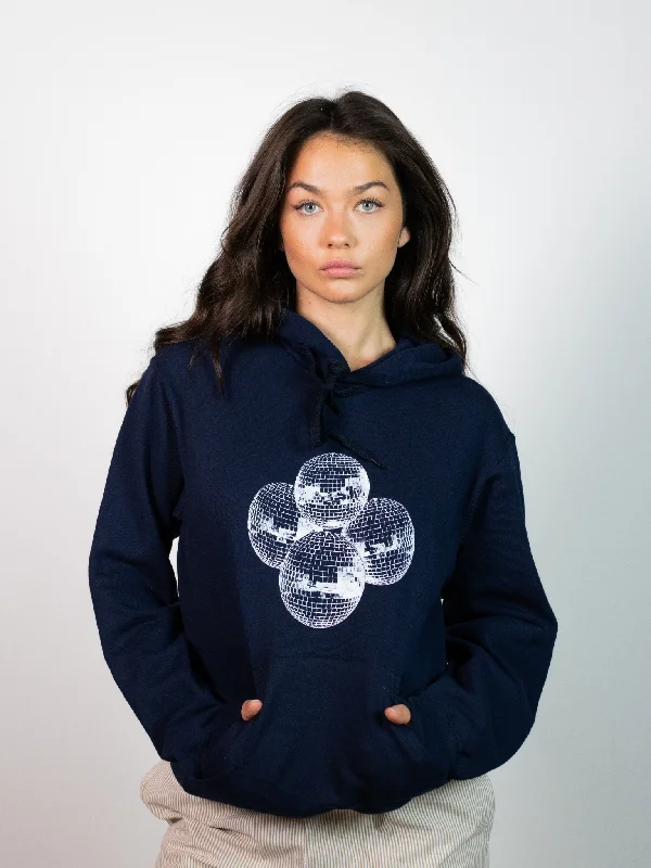 Stylish hoodie with a cool graphic for trendy looks -DISCO KUGLE (hvid) HOODIE - NAVY