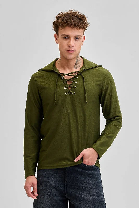 Cozy hoodie with long sleeves for warmth -Olive Lace-Up Textured Hoodie