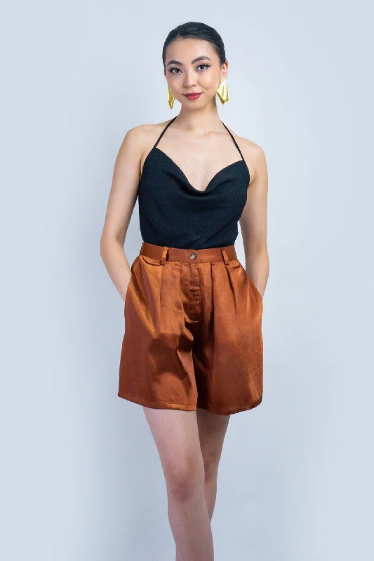 Comfortable cotton shorts for weekend trips -Bronze High Waist Satin Dress Shorts