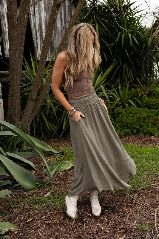 Skirts with a wraparound design for an elegant touch -Anything Goes Maxi Skirt - Olive