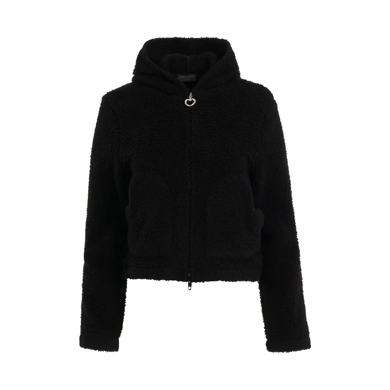 Comfortable hoodie with cool graphics for a modern look -Fake Fur Heart Zip Up Hoodie in Black