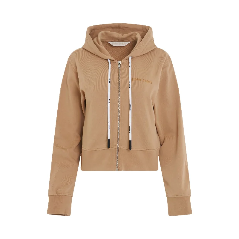 Trendy hoodie for autumn streetwear looks -GD Reversed Logo Zip Fit Hoodie in Beige