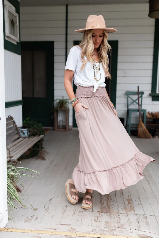 Skirts with animal patterns for a fun style -The Nest Rustic Romance Smocked Maxi Skirt - Dark Mocha