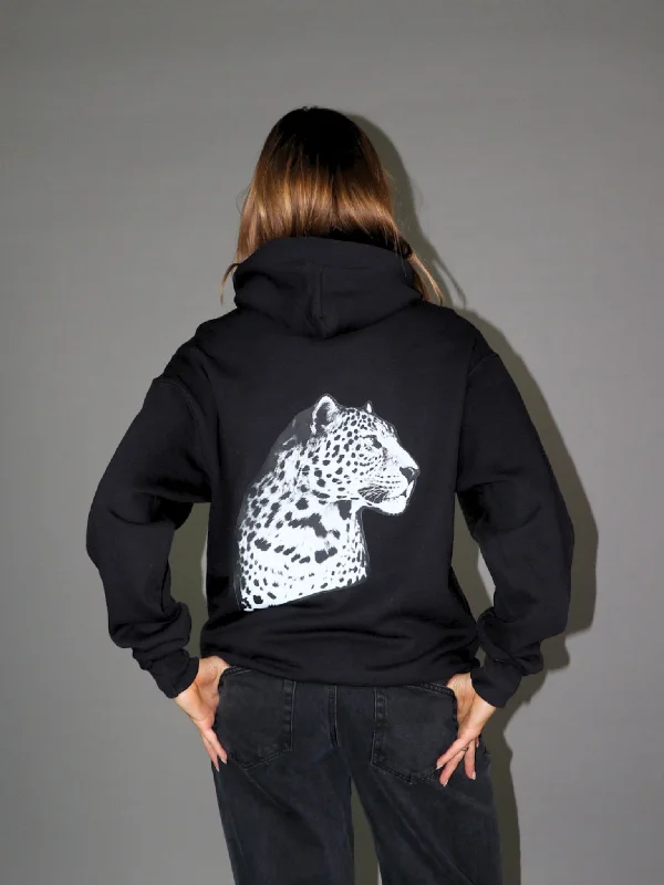 Trendy hoodie with a modern design for casual fashion -BLACK LEOPARD HOODIE (rygprint) - SORT