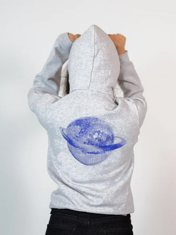 Trendy oversized hoodie for ultimate coziness -PLANET DISCO (blå) HOODIE (rygprint) - GRÅ