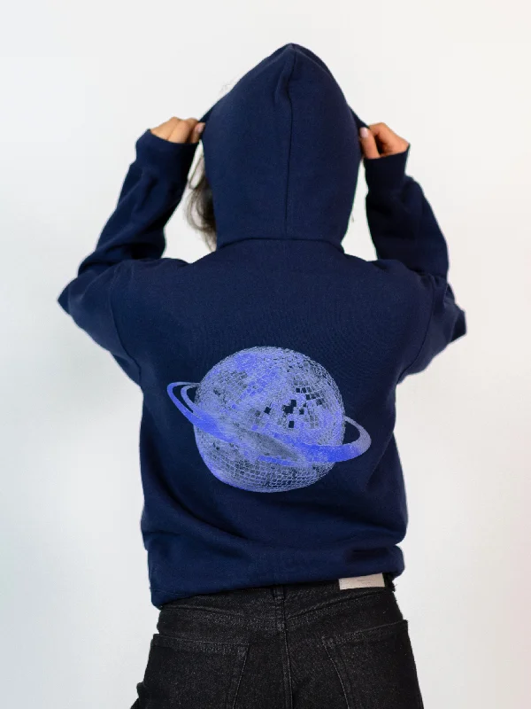 Warm hoodie for winter hikes -PLANET DISCO (blå) HOODIE (rygprint) - NAVY