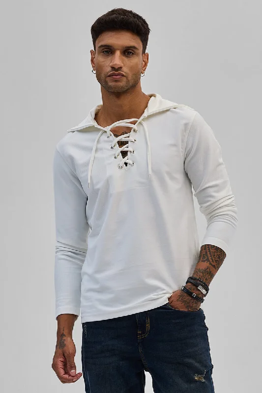 Comfortable hoodie for workout sessions -White Lace-Up Textured Hoodie