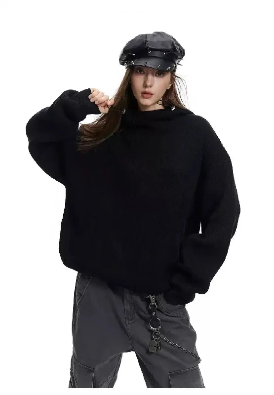 Stylish hoodie for pairing with skirts -Drawstring Piled Collar Knitted Hoodie