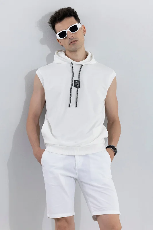 Warm fleece-lined hoodie for comfort -Logotype White Sleeveless Hoodie