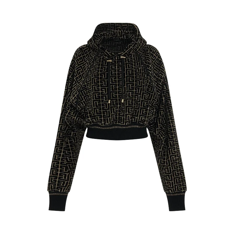 Trendy hoodie for hanging out with friends -Monogram Velvet Jacquard Cropped Hoodie in Black/Gold