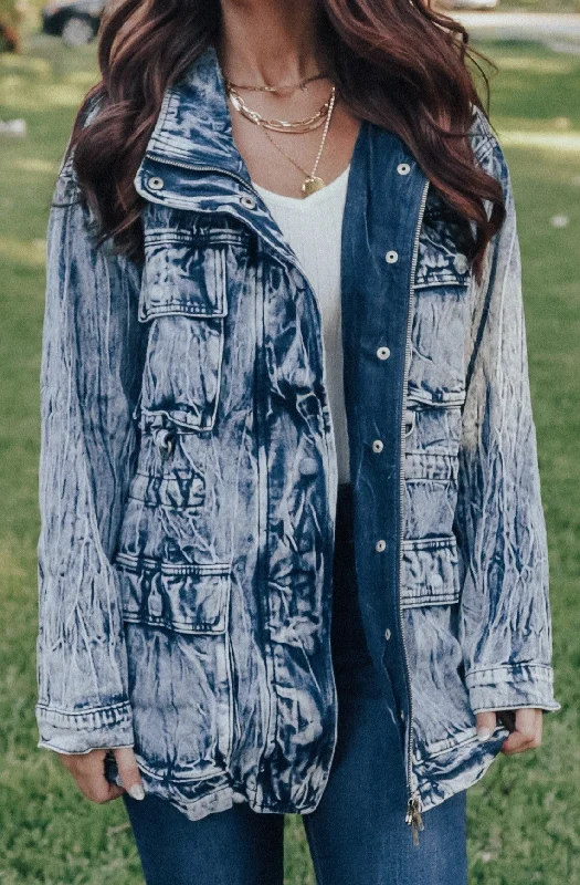 Trendy jackets for a bold look -Oversized Acid Wash Denim Jacket (Blue)