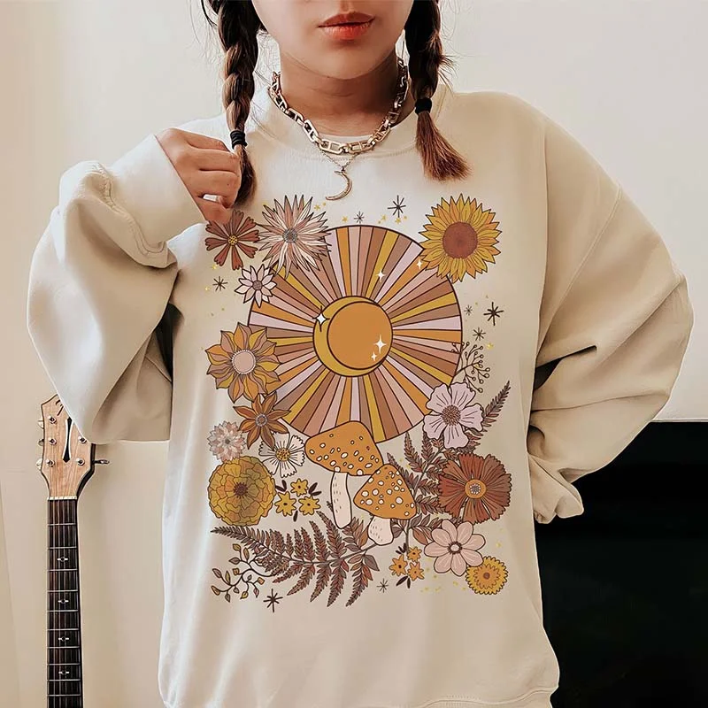 Soft sweatshirt for comfortable casual wear -Bohemian Retro Sun Moon Stars Sweatshirt