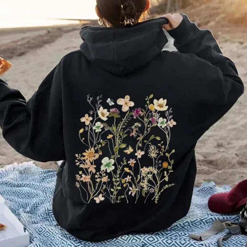 Fashionable oversized hoodie for cozy days -Floral Print Drawstring Hoodie