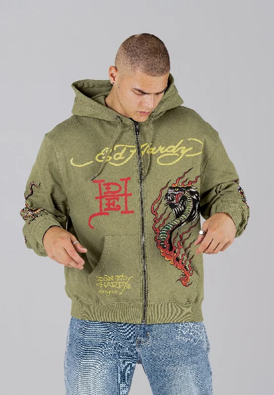 Stylish hoodie with zippers for easy wear -Mens Double-Venom Graphic Hoodie - Khaki