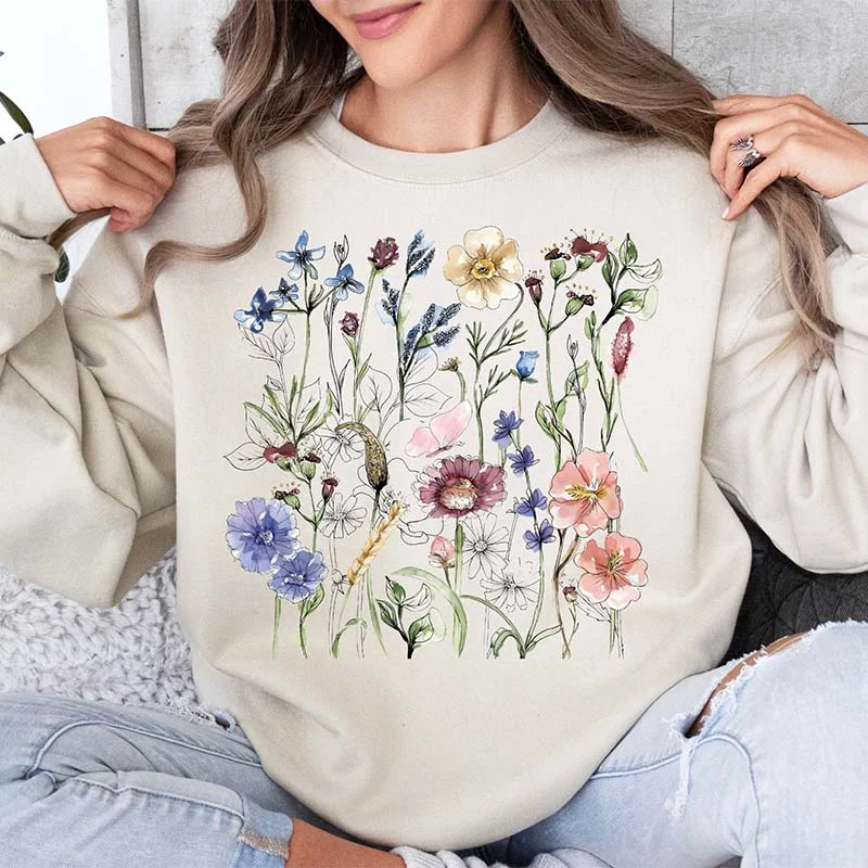 Warm sweatshirt for layering under jackets -Boho Wildflowers Women Floral Sweatshirt