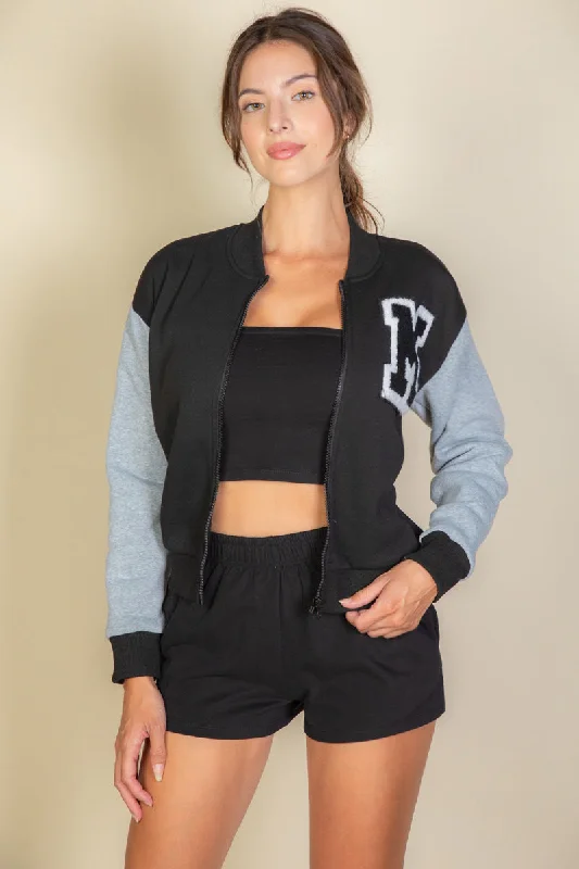 Formal jackets for dressy events -Letter Patched Striped Trim Varsity Jacket