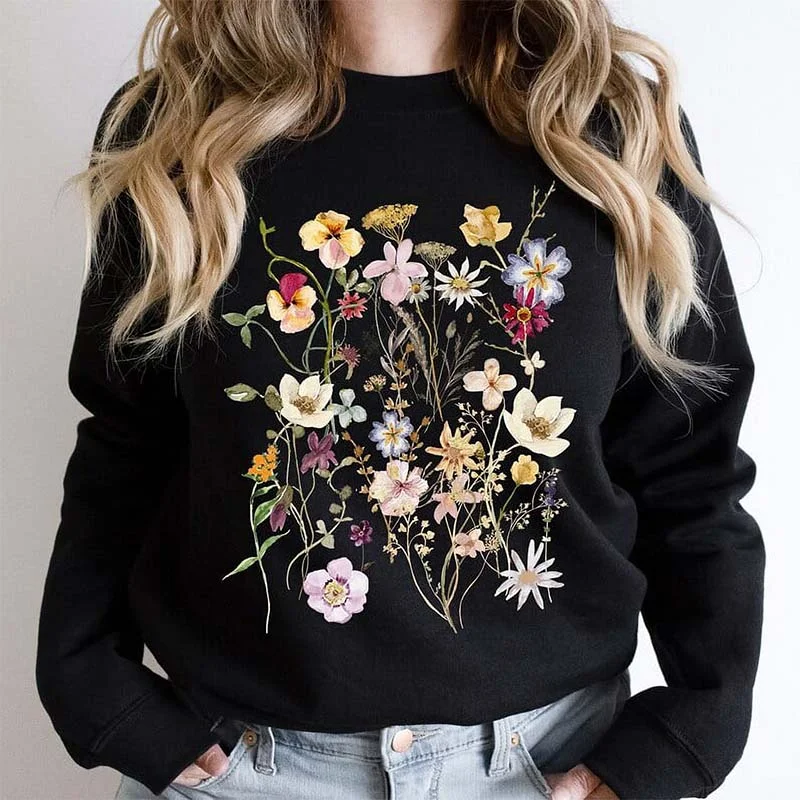 Stylish sweatshirt for quick layering -Vintage Pressed Flowers Botanical Sweatshirt